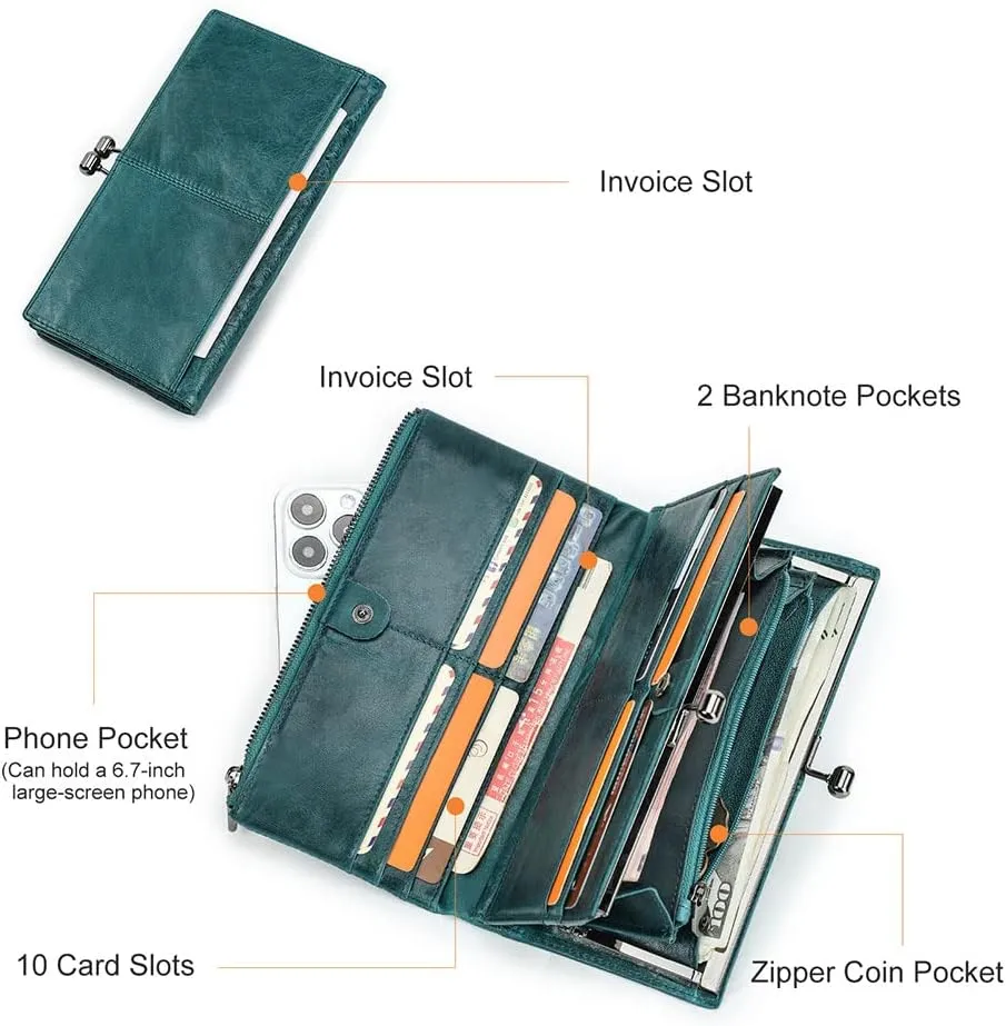 Full Grain Leather Kiss Lock Wallet for Women Vintage Kiss Clasp Wallet Coin Purse RFID Bifold Phone Wallet Card Holder (Peacock Blue)