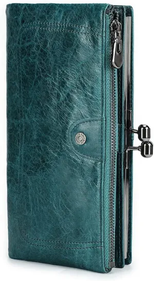 Full Grain Leather Kiss Lock Wallet for Women Vintage Kiss Clasp Wallet Coin Purse RFID Bifold Phone Wallet Card Holder (Peacock Blue)
