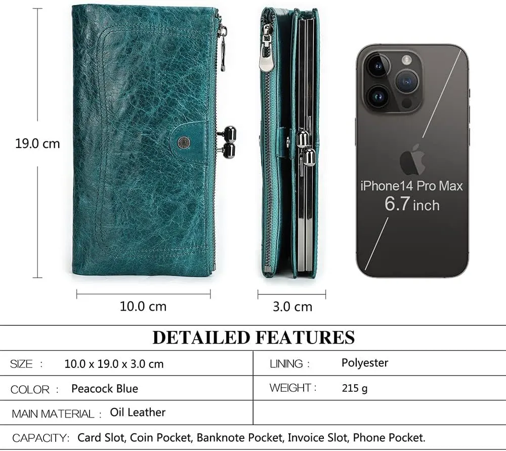Full Grain Leather Kiss Lock Wallet for Women Vintage Kiss Clasp Wallet Coin Purse RFID Bifold Phone Wallet Card Holder (Peacock Blue)