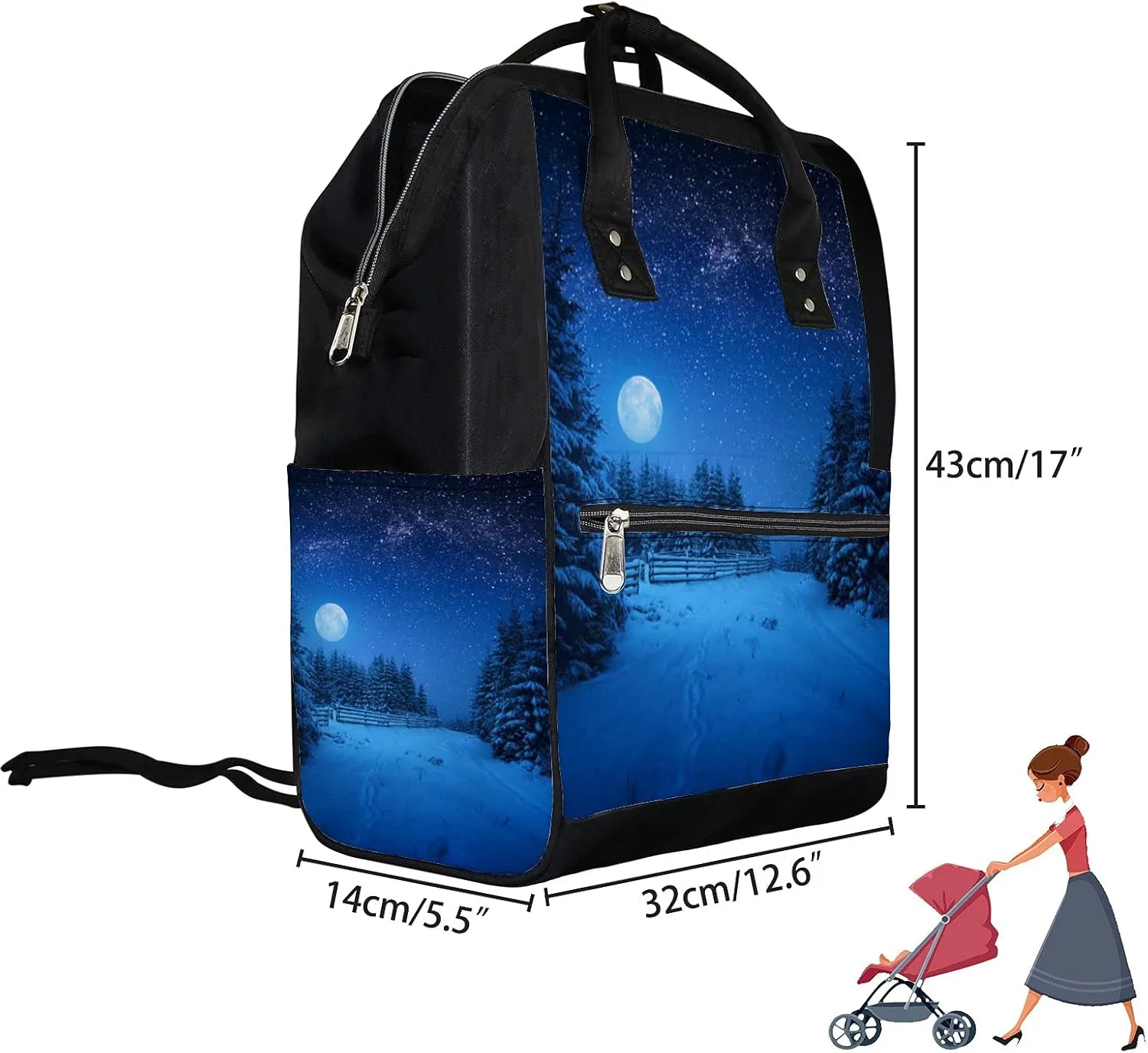 Full Moon Rising Above Winter Forest Diaper Bag Backpack, waterproof backpack Baby Nappy Changing Bags Laptop Backpack for Travel, Large Capacity, Durable and Stylish for Woman and Men.