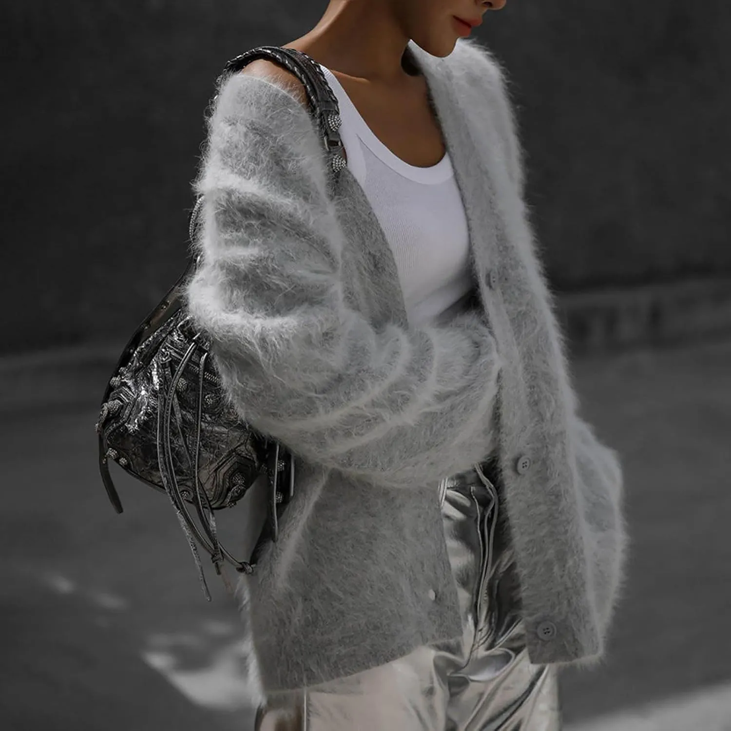 Fuzzy Cardigan Sweaters for Women Oversized Long Sleeve Button Down Furry Knit Sweater Soft Lightweight Cardigans