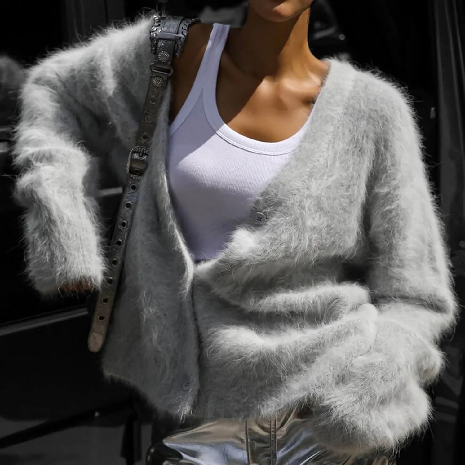 Fuzzy Cardigan Sweaters for Women Oversized Long Sleeve Button Down Furry Knit Sweater Soft Lightweight Cardigans