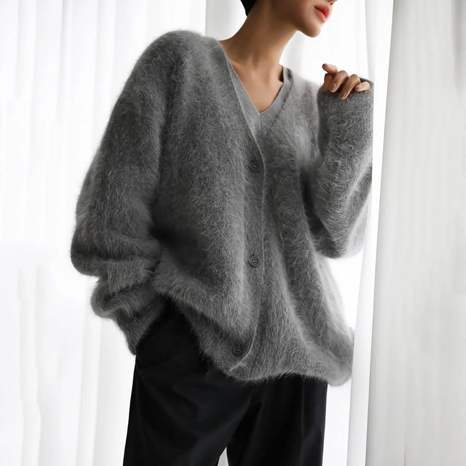 Fuzzy Cardigan Sweaters for Women Oversized Long Sleeve Button Down Furry Knit Sweater Soft Lightweight Cardigans
