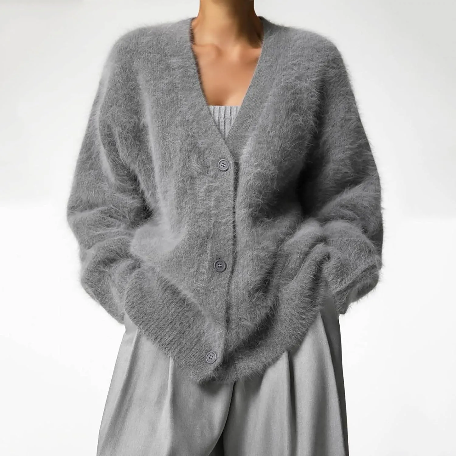 Fuzzy Cardigan Sweaters for Women Oversized Long Sleeve Button Down Furry Knit Sweater Soft Lightweight Cardigans
