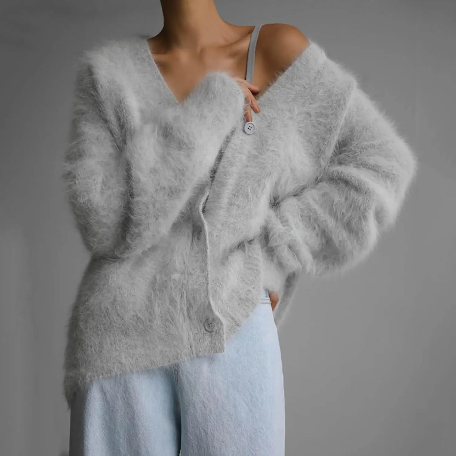 Fuzzy Cardigan Sweaters for Women Oversized Long Sleeve Button Down Furry Knit Sweater Soft Lightweight Cardigans