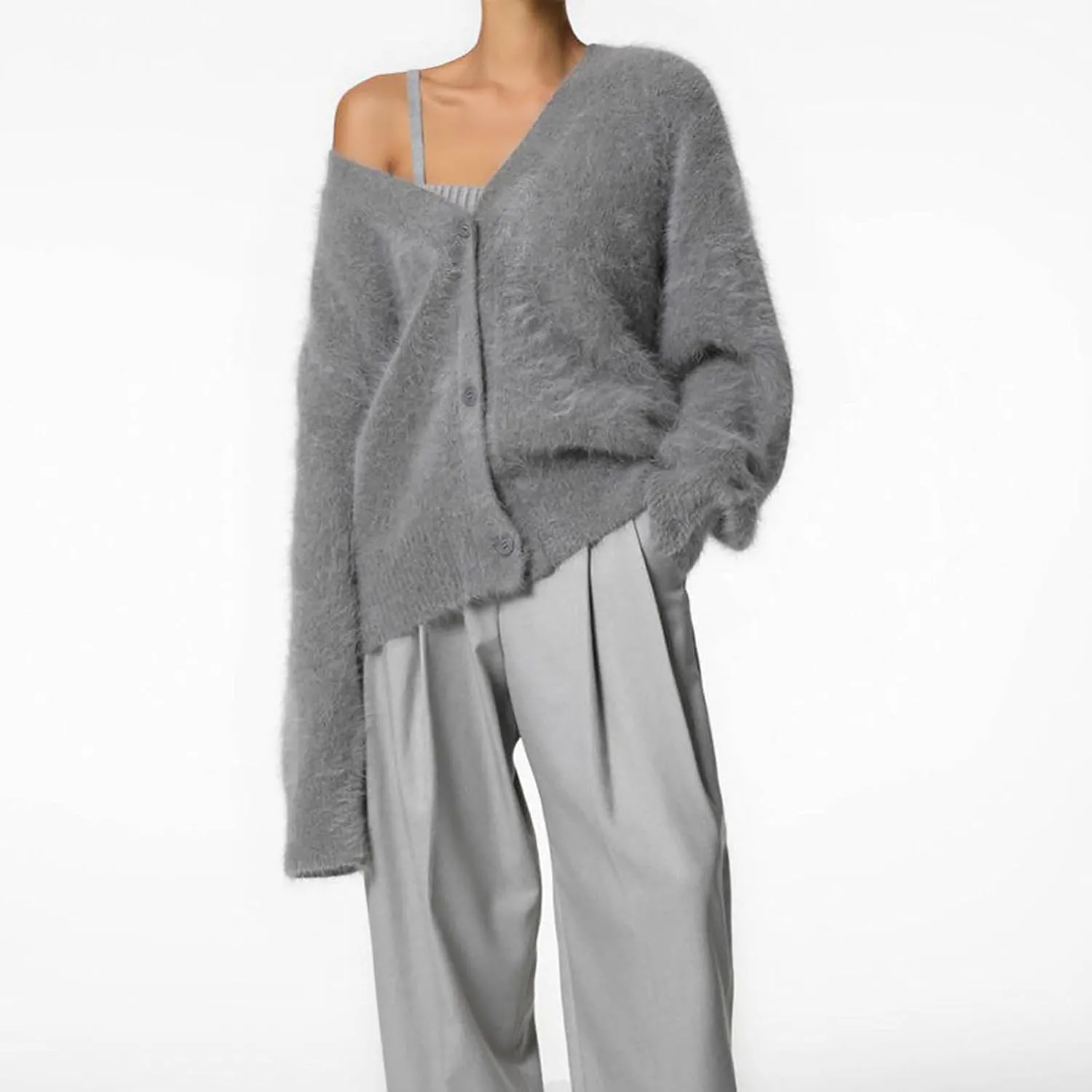 Fuzzy Cardigan Sweaters for Women Oversized Long Sleeve Button Down Furry Knit Sweater Soft Lightweight Cardigans
