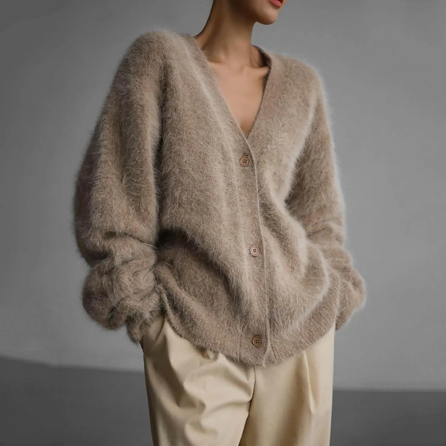 Fuzzy Cardigan Sweaters for Women Oversized Long Sleeve Button Down Furry Knit Sweater Soft Lightweight Cardigans