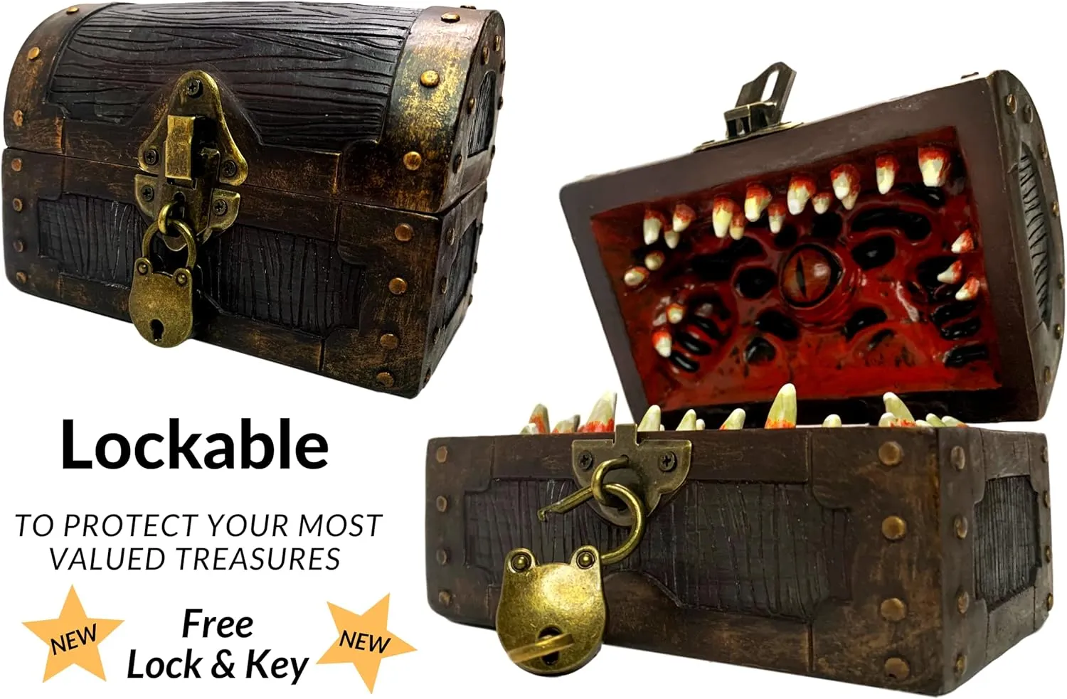 Galdor's Guild Mimic Dice Chest Storage Box | Free Lock & Key | Compatible with Dungeons & Dragons Players, Dungeon Master/DM RPG Gaming | Holder Vault Case | Holds 4 Polyhedral Sets (Regular)