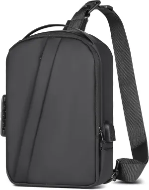 Geestock Men's Crossbody Sling Bag with Anti-Theft Password Lock, Waterproof Sling Backpack with USB Charging Port, PU Leather Chest Bag Casual Shoulder Bag (Black)