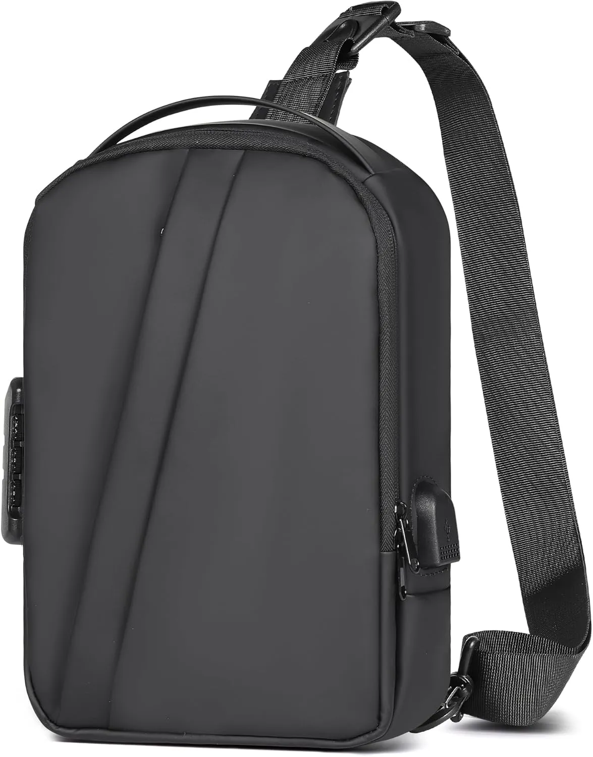 Geestock Men's Crossbody Sling Bag with Anti-Theft Password Lock, Waterproof Sling Backpack with USB Charging Port, PU Leather Chest Bag Casual Shoulder Bag (Black)