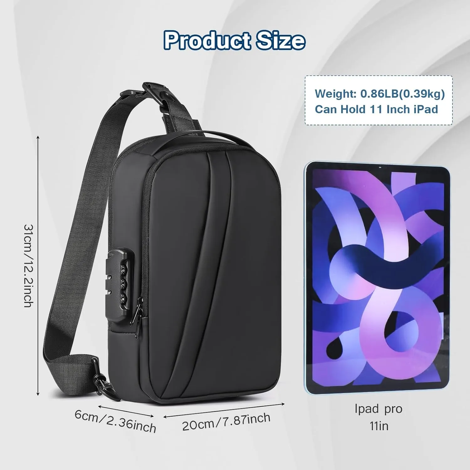 Geestock Men's Crossbody Sling Bag with Anti-Theft Password Lock, Waterproof Sling Backpack with USB Charging Port, PU Leather Chest Bag Casual Shoulder Bag (Black)