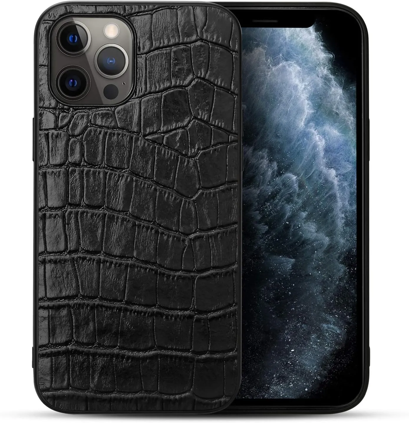 Genuine Leather Case for iPhone 12 Pro/iPhone 12,Classic Crocodile Pattern Real Leather Full Coverage Bumper Case (All-Inclusive)