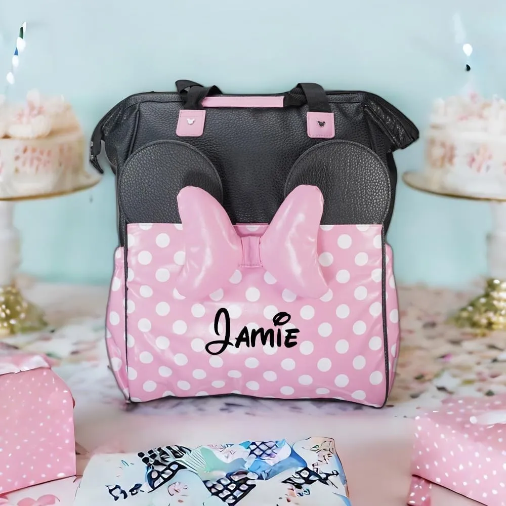 Girl Diaper Bag - Personalized Minnie Mouse - Officially Licensed - Baby Girl Pink Bow Polka Dot Multi Pocket Diaper Bag Baby Set