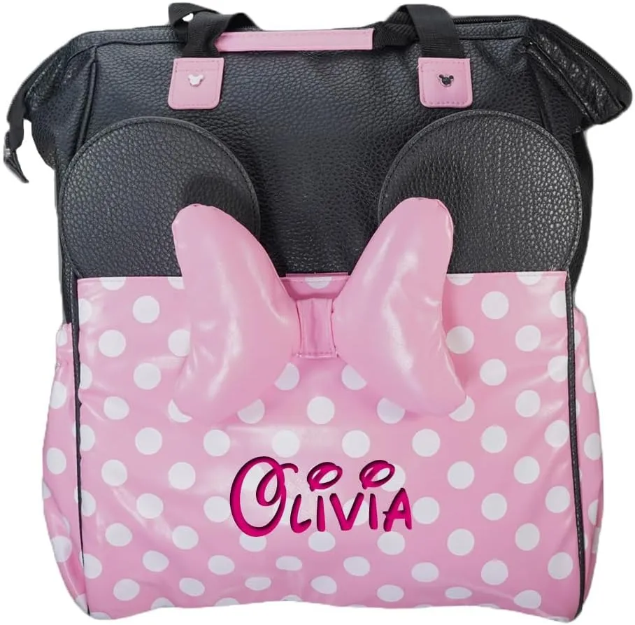 Girl Diaper Bag - Personalized Minnie Mouse - Officially Licensed - Baby Girl Pink Bow Polka Dot Multi Pocket Diaper Bag Baby Set