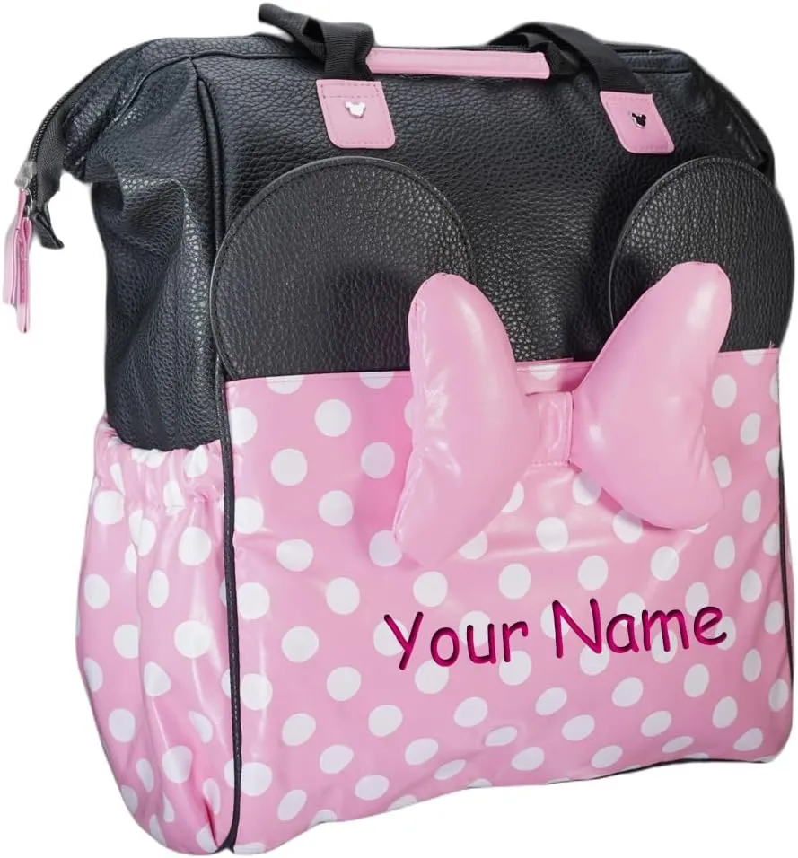 Girl Diaper Bag - Personalized Minnie Mouse - Officially Licensed - Baby Girl Pink Bow Polka Dot Multi Pocket Diaper Bag Baby Set