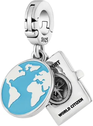 Globe Passport Keep Calm and Travel On Multi-Clasp Clip On Pendant 925 Sterling Silver Charm For Pandora & Other Charm Bracelets/Necklaces