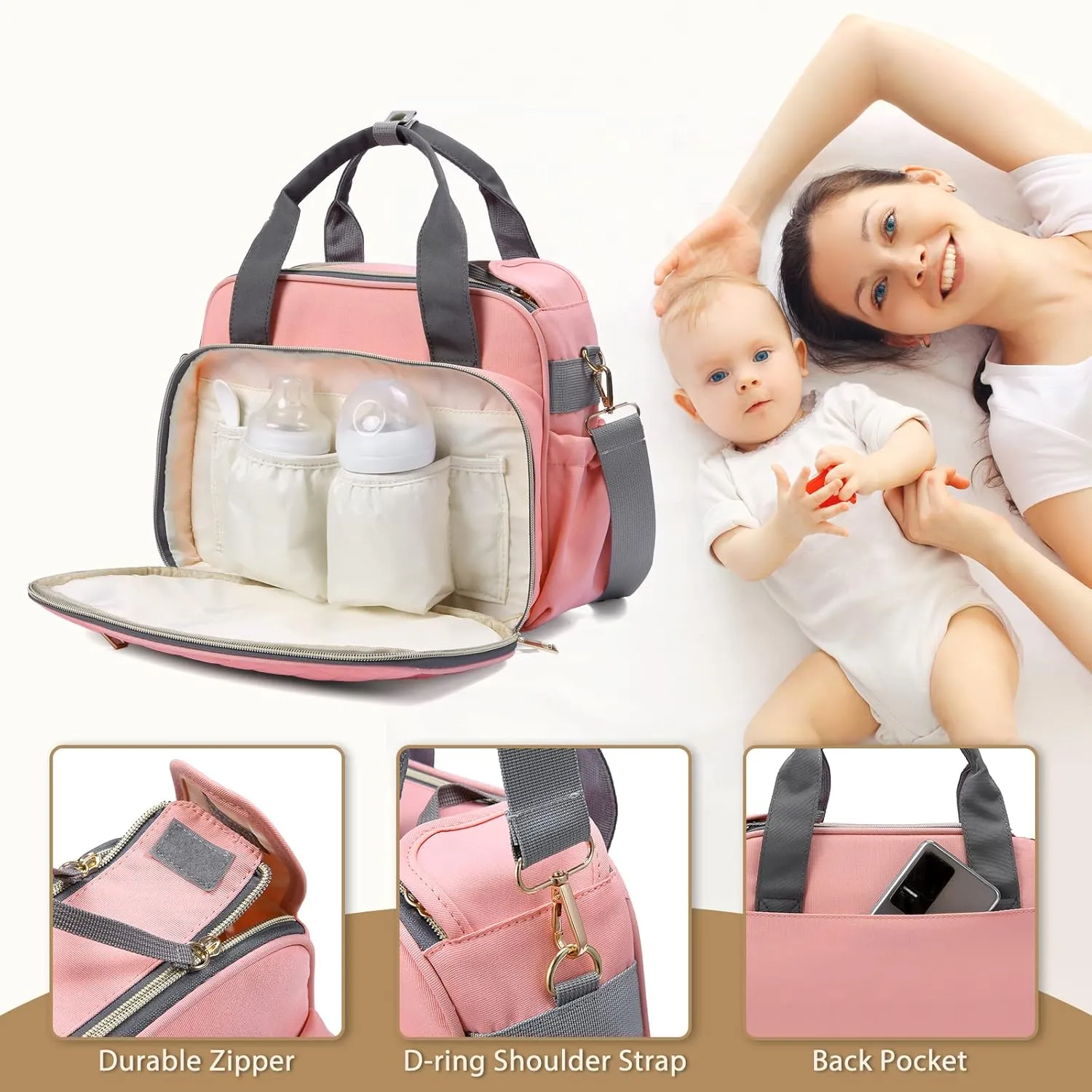 GOGOSO Crossbody Small Diaper Bag, Cute Mini Baby Diaper Tote Bags with Insulated Pockets for Traveling Outdoor Parent,Pink