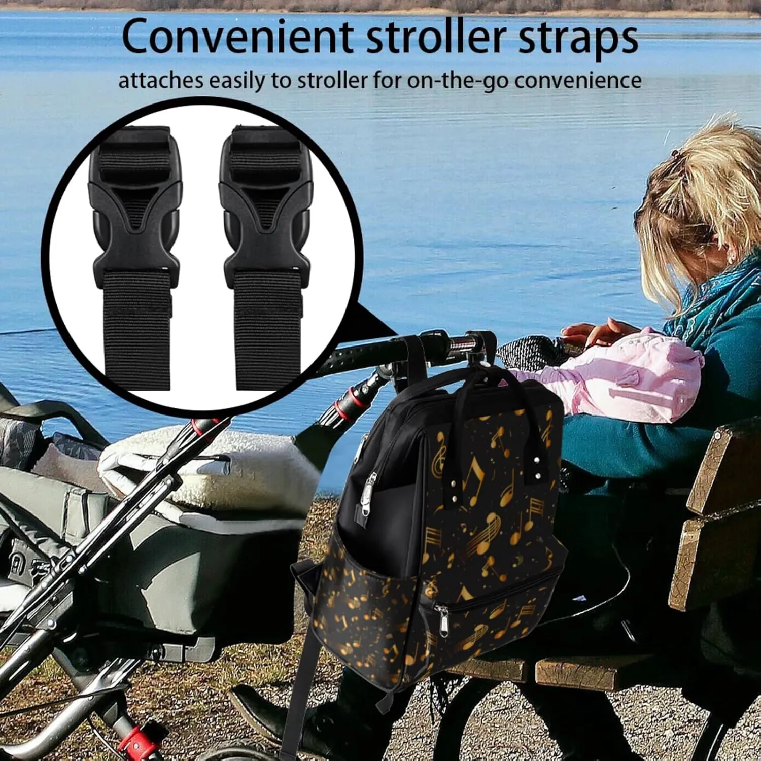 Gold Music Notes Waterproof Diaper Bag Backpack Large Capacity Baby Bag with Stroller Straps, Multi-Pocket Diaper Bag Unisex Baby Travel Essentials Shower Gift