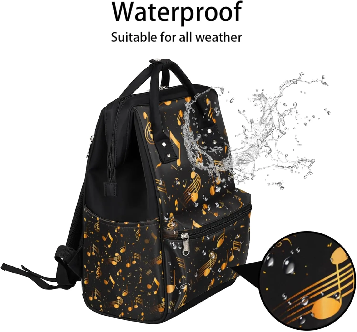 Gold Music Notes Waterproof Diaper Bag Backpack Large Capacity Baby Bag with Stroller Straps, Multi-Pocket Diaper Bag Unisex Baby Travel Essentials Shower Gift