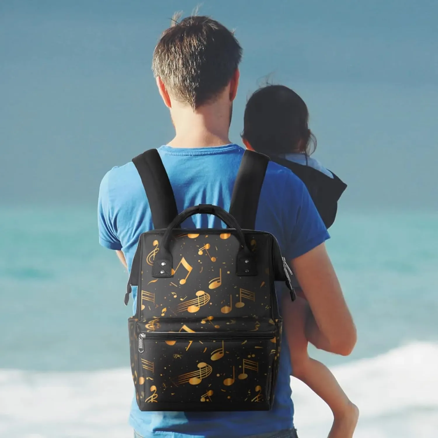 Gold Music Notes Waterproof Diaper Bag Backpack Large Capacity Baby Bag with Stroller Straps, Multi-Pocket Diaper Bag Unisex Baby Travel Essentials Shower Gift