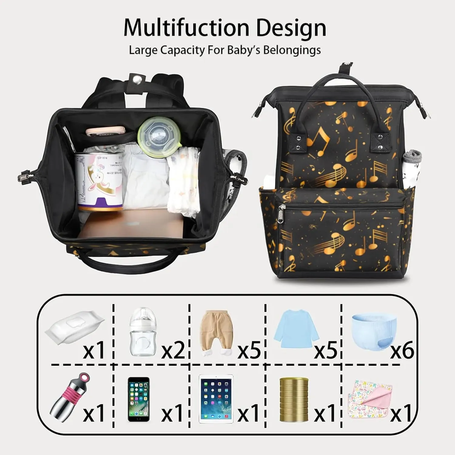 Gold Music Notes Waterproof Diaper Bag Backpack Large Capacity Baby Bag with Stroller Straps, Multi-Pocket Diaper Bag Unisex Baby Travel Essentials Shower Gift