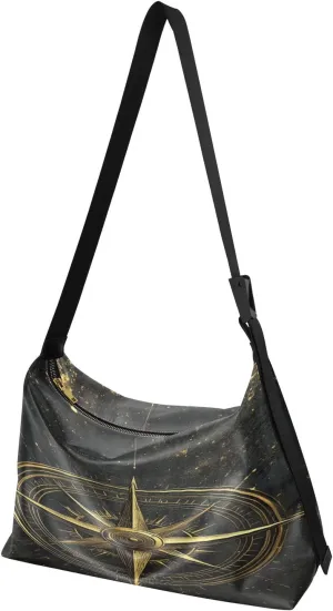 Golden Compass Black Hobo Shoulder Bag for Women Men PU Leather Crossbody Bag Slouchy Tote Handbags for Working Traveling Shopping