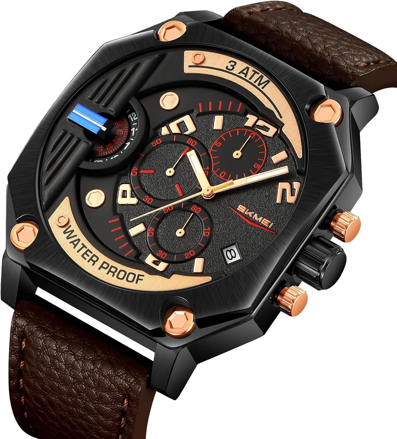 Gosasa Fashion Chronograph Men's Quartz Watch Creative Square Big Face Men Wristwatch with Calendar Luminous Hand Waterproof Business Watch with Leather Strap