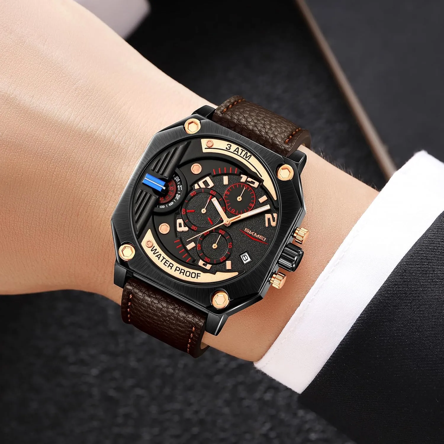 Gosasa Fashion Chronograph Men's Quartz Watch Creative Square Big Face Men Wristwatch with Calendar Luminous Hand Waterproof Business Watch with Leather Strap