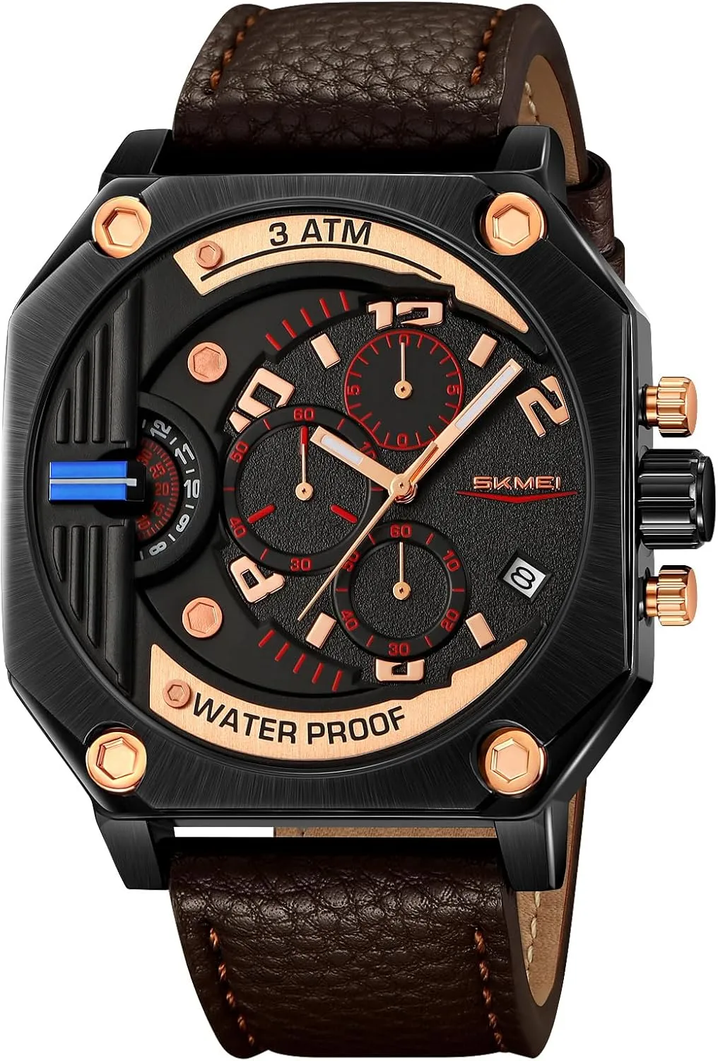 Gosasa Fashion Chronograph Men's Quartz Watch Creative Square Big Face Men Wristwatch with Calendar Luminous Hand Waterproof Business Watch with Leather Strap
