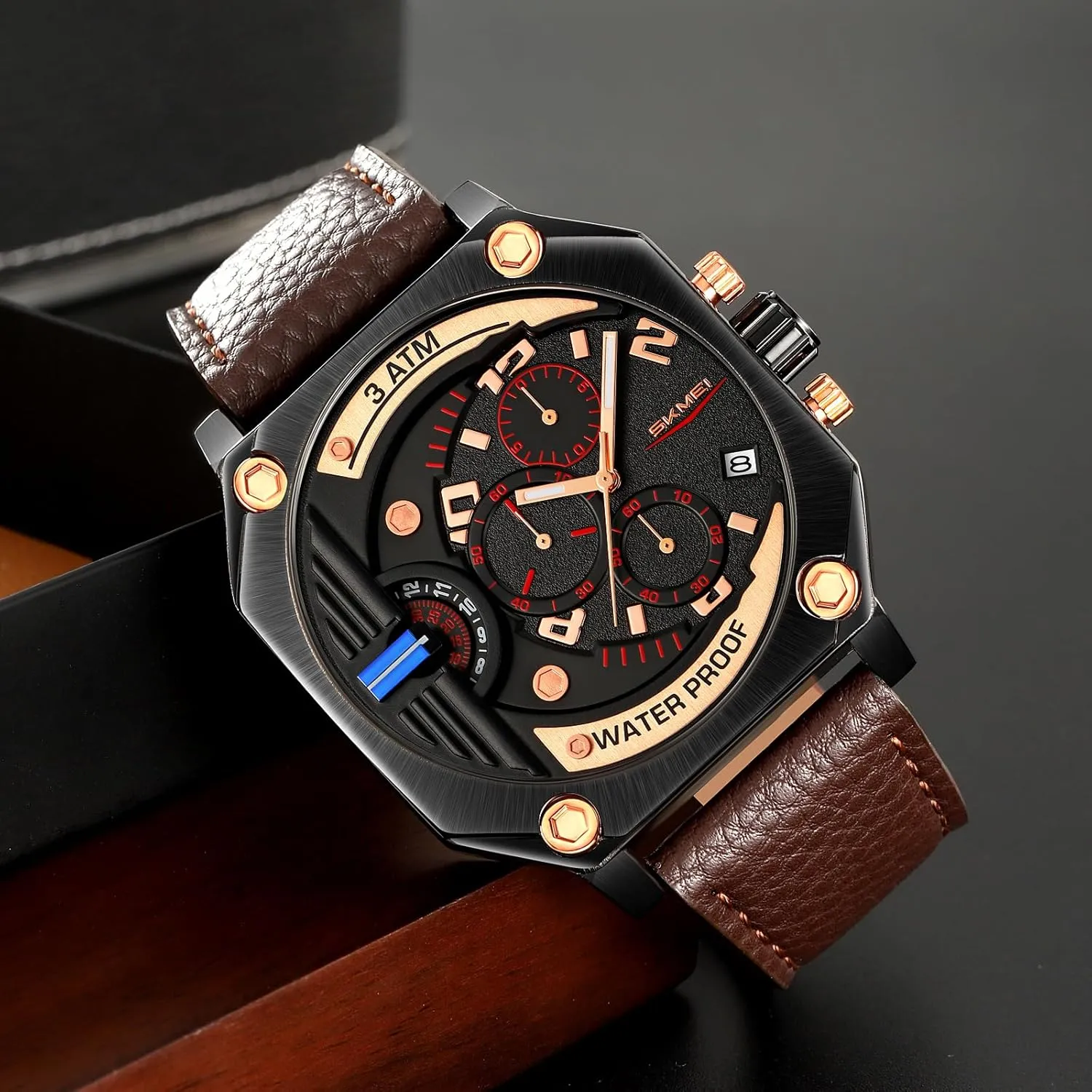 Gosasa Fashion Chronograph Men's Quartz Watch Creative Square Big Face Men Wristwatch with Calendar Luminous Hand Waterproof Business Watch with Leather Strap