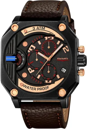 Gosasa Fashion Chronograph Men's Quartz Watch Creative Square Big Face Men Wristwatch with Calendar Luminous Hand Waterproof Business Watch with Leather Strap