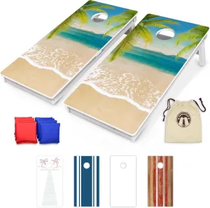 GoSports 4 x 2 ft Resort Collection All Weather Cornhole Boards - Choose Rustic, Beach, White DIY, Blue Stripe, Palms - Regulation Size Set