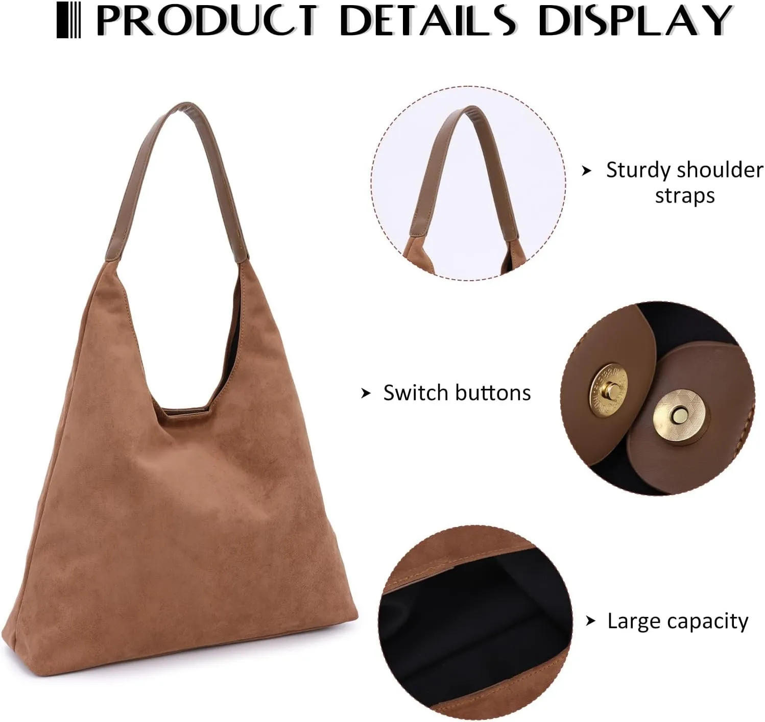 GOTOW Suede Hobo Bags for Women Brown Suede Tote Handbag Retro Suede Slouchy Shoulder Bag Office