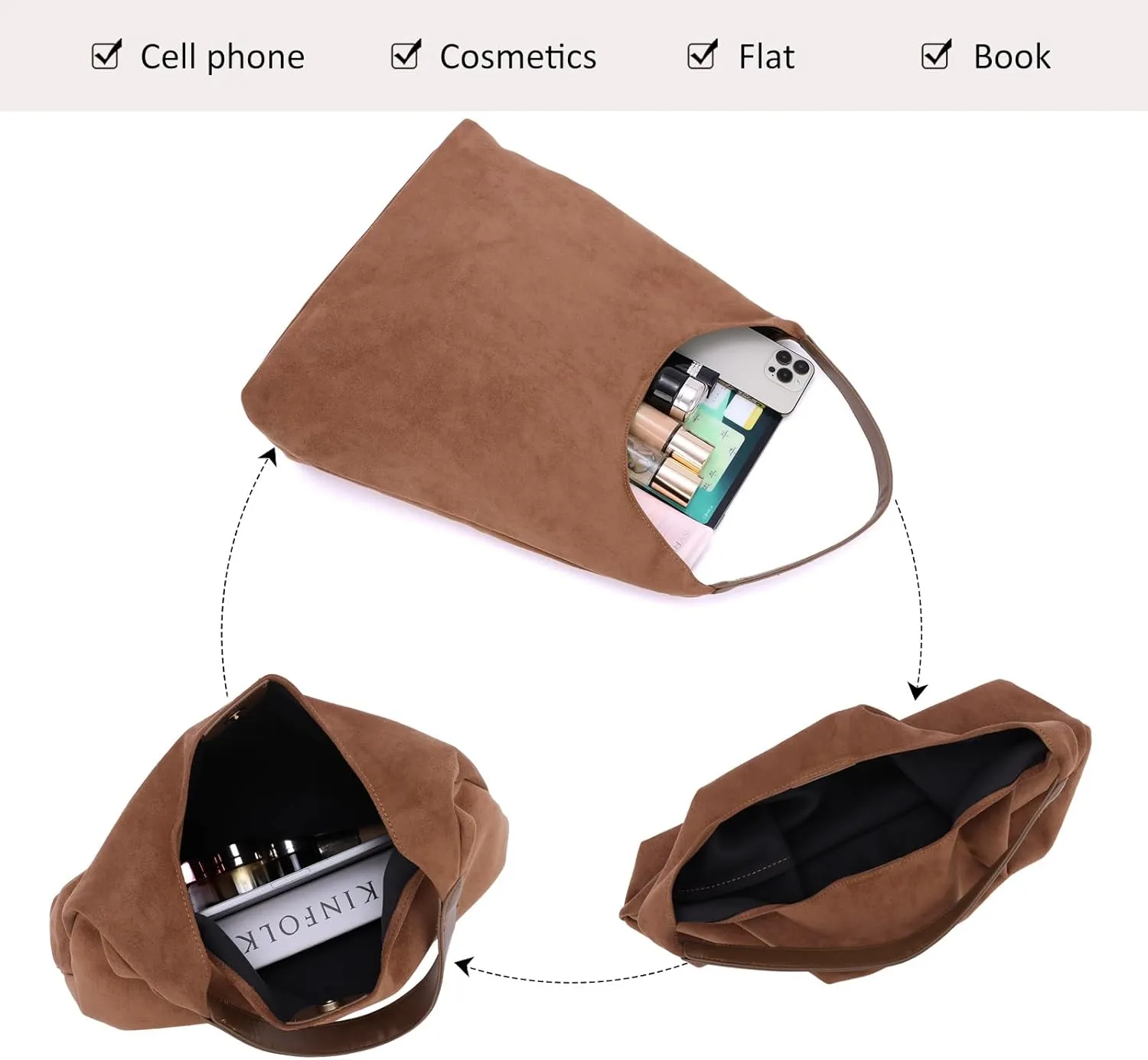 GOTOW Suede Hobo Bags for Women Brown Suede Tote Handbag Retro Suede Slouchy Shoulder Bag Office