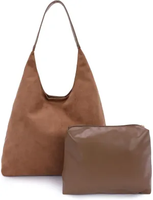 GOTOW Suede Hobo Bags for Women Brown Suede Tote Handbag Retro Suede Slouchy Shoulder Bag Office