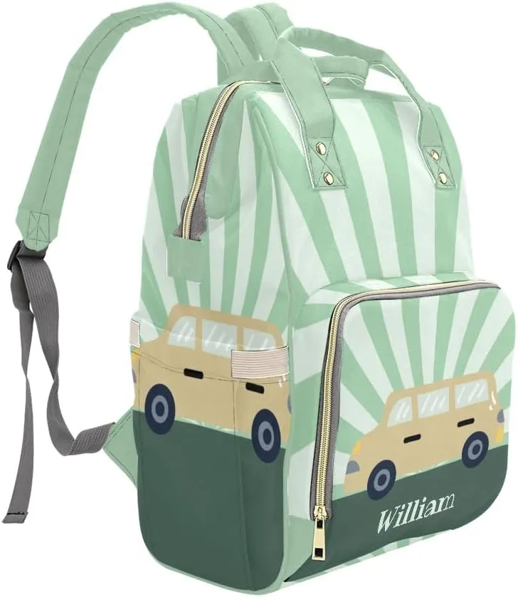 Green Charter Car Personalized Diaper Backpack Custom Name Multi Function Diaper Bag Travel Daypack Nursing Nappy Baby Bag