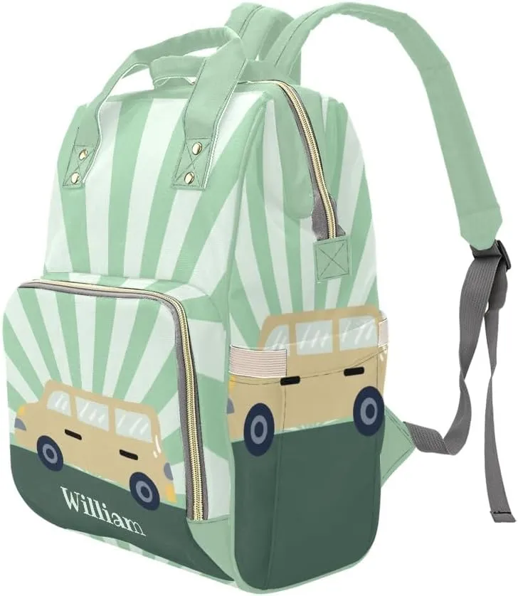 Green Charter Car Personalized Diaper Backpack Custom Name Multi Function Diaper Bag Travel Daypack Nursing Nappy Baby Bag