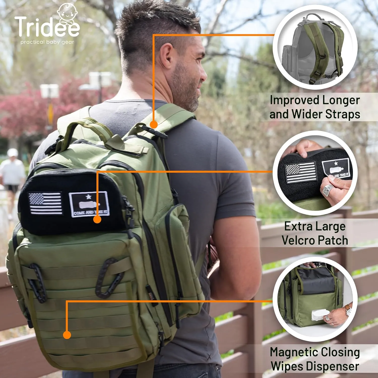 Green Dad Diaper Bag - Molle-Style Military Diaper Backpack Made of Rugged 900D Waterproof Polyester with Wider Extra-Long Straps, Dirty Diapers Pouch, Baby Wipes Dispenser & Insulated Bottle Pockets