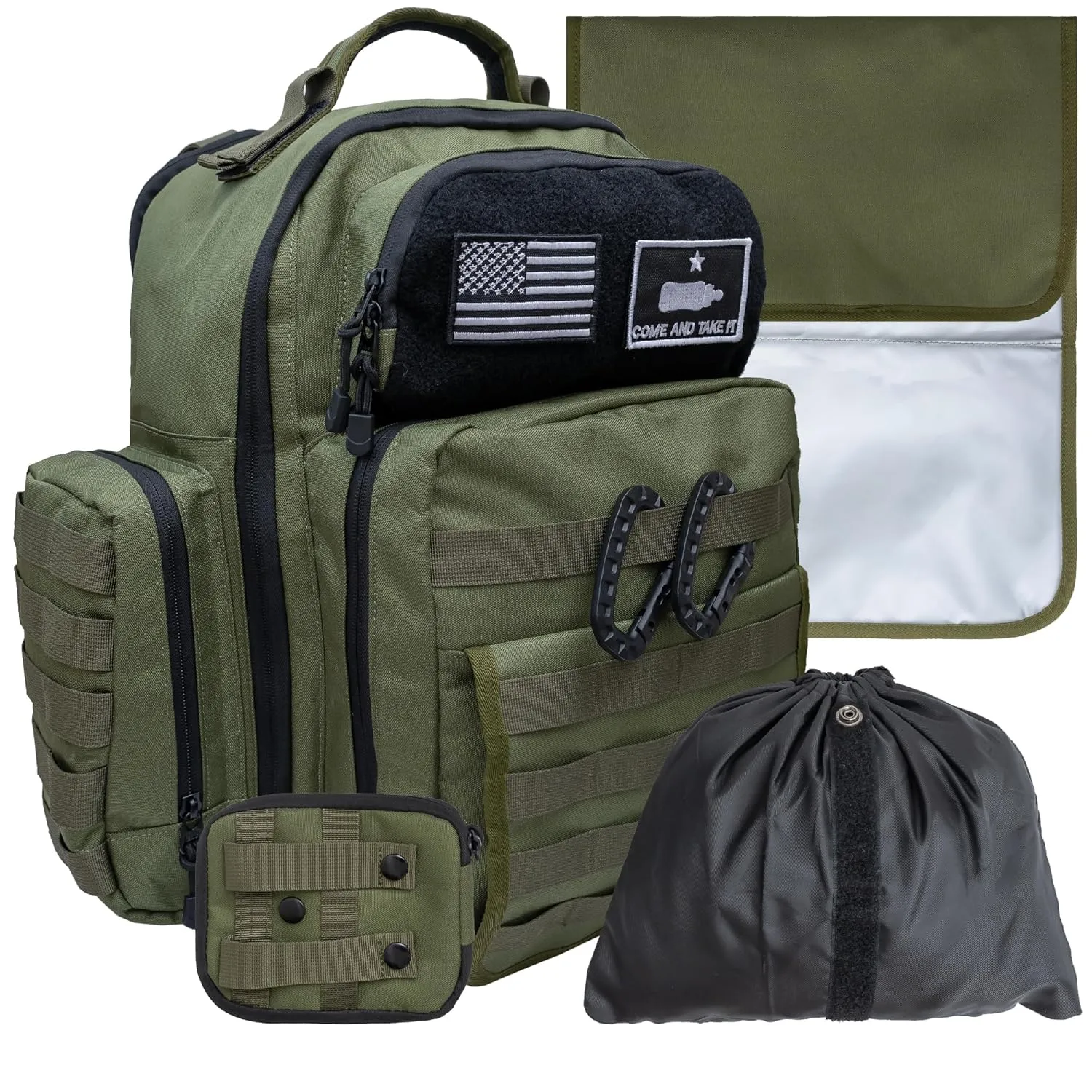 Green Dad Diaper Bag - Molle-Style Military Diaper Backpack Made of Rugged 900D Waterproof Polyester with Wider Extra-Long Straps, Dirty Diapers Pouch, Baby Wipes Dispenser & Insulated Bottle Pockets