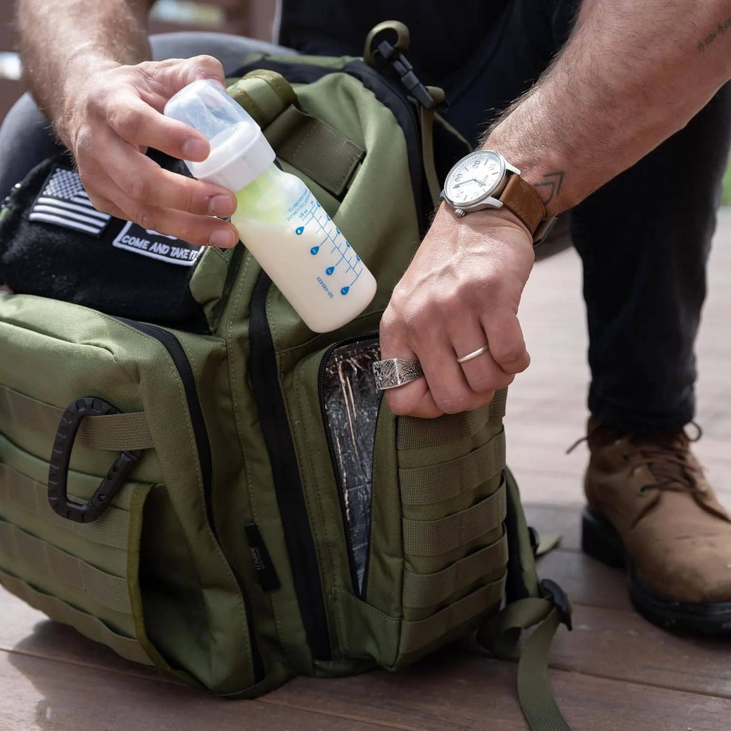 Green Dad Diaper Bag - Molle-Style Military Diaper Backpack Made of Rugged 900D Waterproof Polyester with Wider Extra-Long Straps, Dirty Diapers Pouch, Baby Wipes Dispenser & Insulated Bottle Pockets