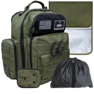 Green Dad Diaper Bag - Molle-Style Military Diaper Backpack Made of Rugged 900D Waterproof Polyester with Wider Extra-Long Straps, Dirty Diapers Pouch, Baby Wipes Dispenser & Insulated Bottle Pockets