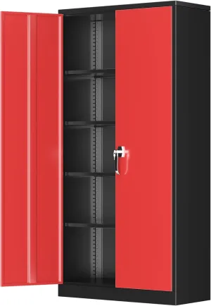 Greenvelly Metal Storage Cabinet, Black Red Locking Steel Unit with Adjustable Shelves and Doors, 72" Wide, Ideal for Home Office or School