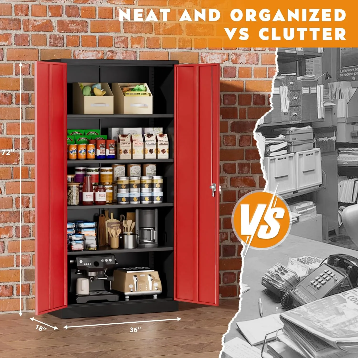 Greenvelly Metal Storage Cabinet, Black Red Locking Steel Unit with Adjustable Shelves and Doors, 72" Wide, Ideal for Home Office or School