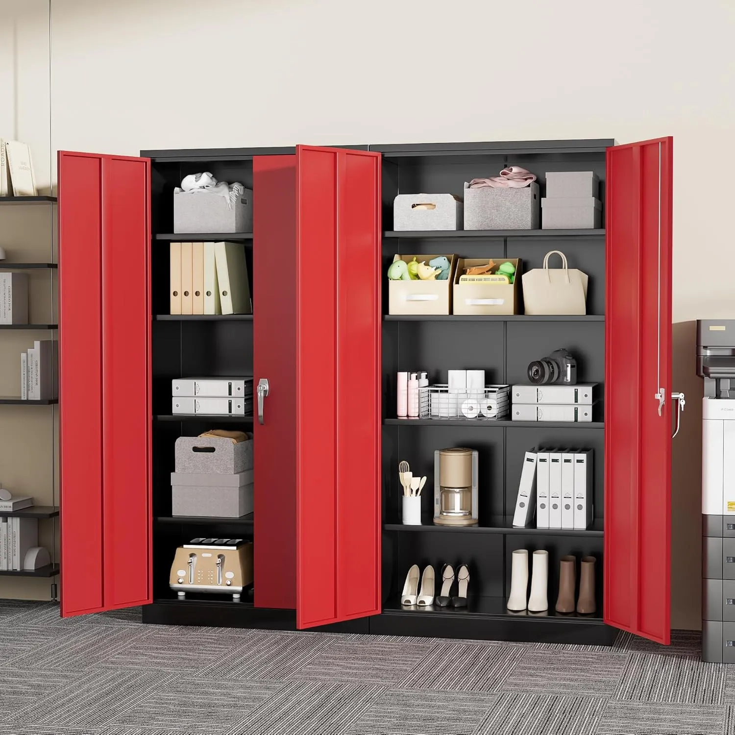Greenvelly Metal Storage Cabinet, Black Red Locking Steel Unit with Adjustable Shelves and Doors, 72" Wide, Ideal for Home Office or School
