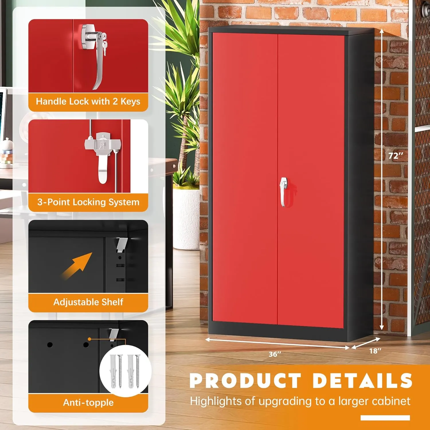Greenvelly Metal Storage Cabinet, Black Red Locking Steel Unit with Adjustable Shelves and Doors, 72" Wide, Ideal for Home Office or School