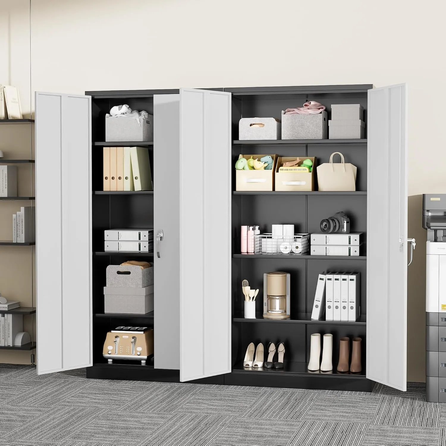 Greenvelly Metal Storage Cabinet with 2 Doors and 4 Adjustable Shelves,72" Locking Garage Storage Cabinets, Metal Cabinet, Steel Tool Organization for Garage,Home Office,School (Black Grey)