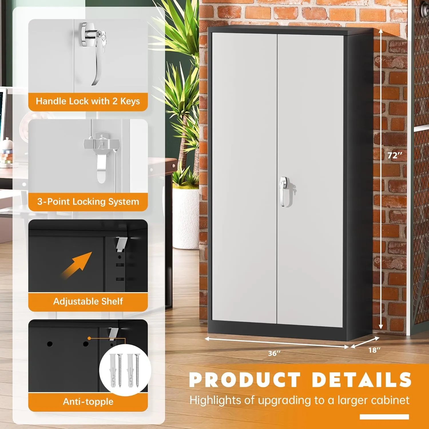 Greenvelly Metal Storage Cabinet with 2 Doors and 4 Adjustable Shelves,72" Locking Garage Storage Cabinets, Metal Cabinet, Steel Tool Organization for Garage,Home Office,School (Black Grey)
