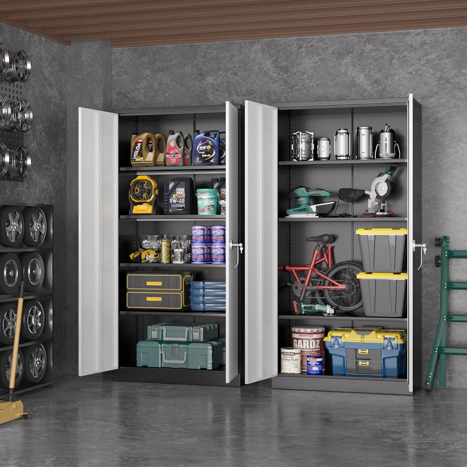Greenvelly Metal Storage Cabinet with 2 Doors and 4 Adjustable Shelves,72" Locking Garage Storage Cabinets, Metal Cabinet, Steel Tool Organization for Garage,Home Office,School (Black Grey)