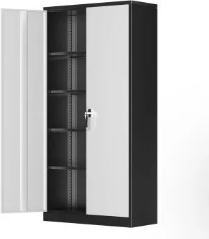 Greenvelly Metal Storage Cabinet with 2 Doors and 4 Adjustable Shelves,72" Locking Garage Storage Cabinets, Metal Cabinet, Steel Tool Organization for Garage,Home Office,School (Black Grey)