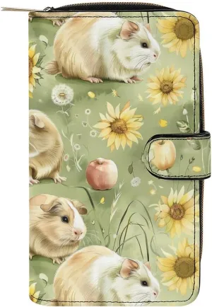 Guinea Pigs Sunflower Grassland Leather Wallets for Men Women Zipped Clutch Purse Travel Handbag Card Case Wallet